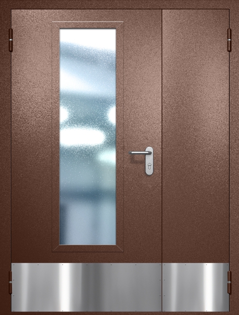 Полуторная противопожарная дверь EIW-60 с максимальным стеклопакетом и отбойником, окрас по RAL 8016