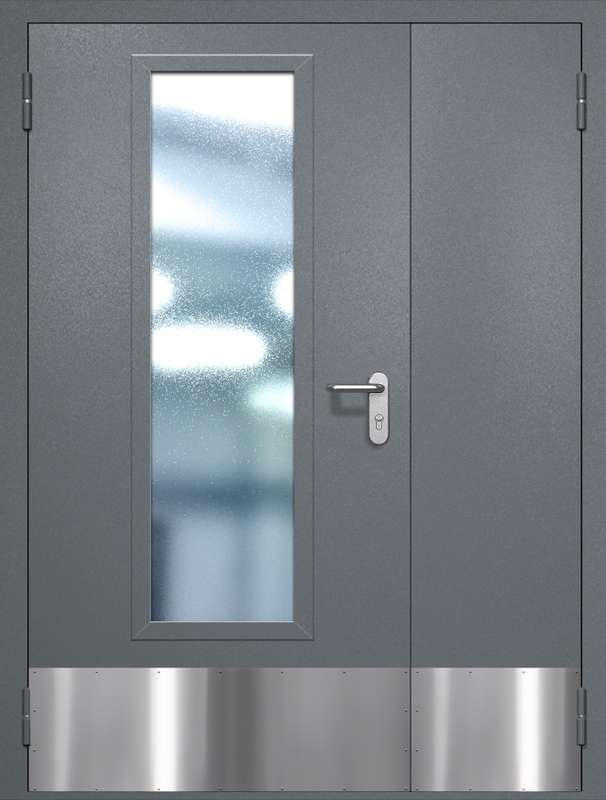 Полуторная противопожарная дверь EIW-60 с максимальным стеклопакетом, отбойником и ручкой «Антипаника», окрас по RAL 7001