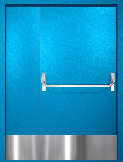 Полуторная противопожарная дверь EI-60 с отбойниками и ручкой «Антипаника», окрас по RAL 5002 Полуторная противопожарная дверь EI-60 с отбойниками и ручкой «Антипаника», окрас по RAL 5002