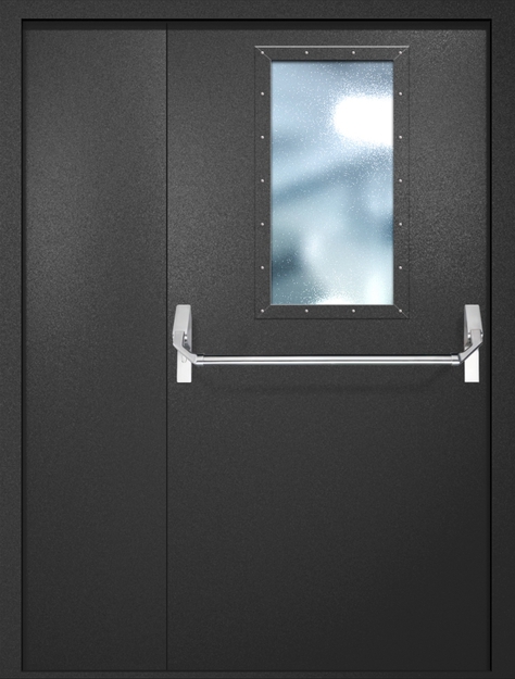 Полуторная противопожарная дверь EI-60 с широким стеклопакетом и ручкой «Антипаника», окрас по RAL 9004 Полуторная противопожарная дверь EI-60 с широким стеклопакетом и ручкой «Антипаника», окрас по RAL 9004