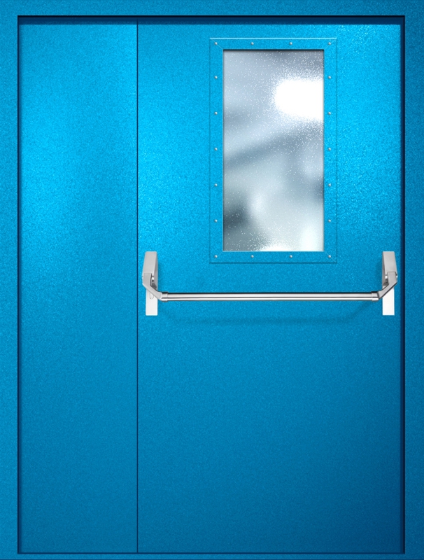 Полуторная противопожарная дверь EI-60 с широким стеклопакетом и ручкой «Антипаника», окрас по RAL 5002