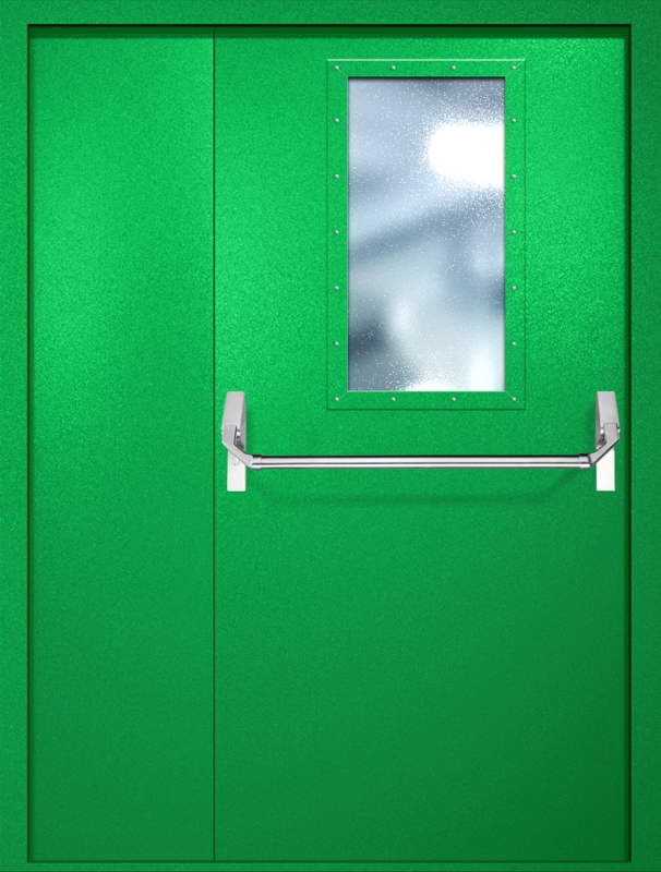 Полуторная противопожарная дверь EI-60 с широким стеклопакетом и ручкой «Антипаника», окрас по RAL 6037 Полуторная противопожарная дверь EI-60 с широким стеклопакетом и ручкой «Антипаника», окрас по RAL 6037