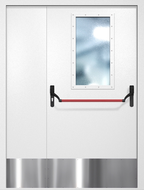 Полуторная противопожарная дверь EI-60 с широким стеклопакетом, отбойником и ручкой «Антипаника», окрас по RAL 9003 Полуторная противопожарная дверь EI-60 с широким стеклопакетом, отбойником и ручкой «Антипаника», окрас по RAL 9003