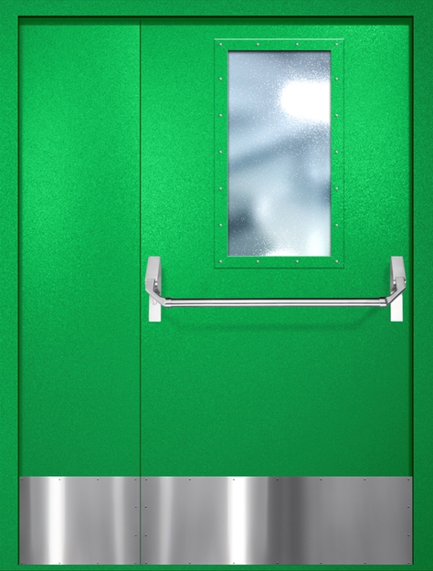 Полуторная противопожарная дверь EI-60 с широким стеклопакетом, отбойником и ручкой «Антипаника», окрас по RAL 6037