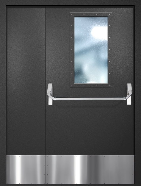 Полуторная противопожарная дверь EI-60 с широким стеклопакетом, отбойником и ручкой «Антипаника», окрас по RAL 9004