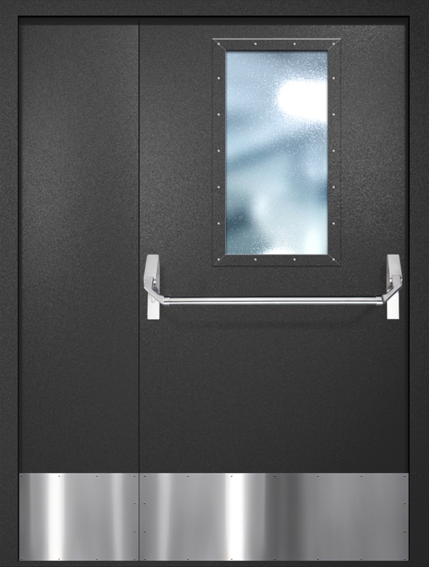 Полуторная противопожарная дверь EI-60 с широким стеклопакетом, отбойником и ручкой «Антипаника», окрас по RAL 9004