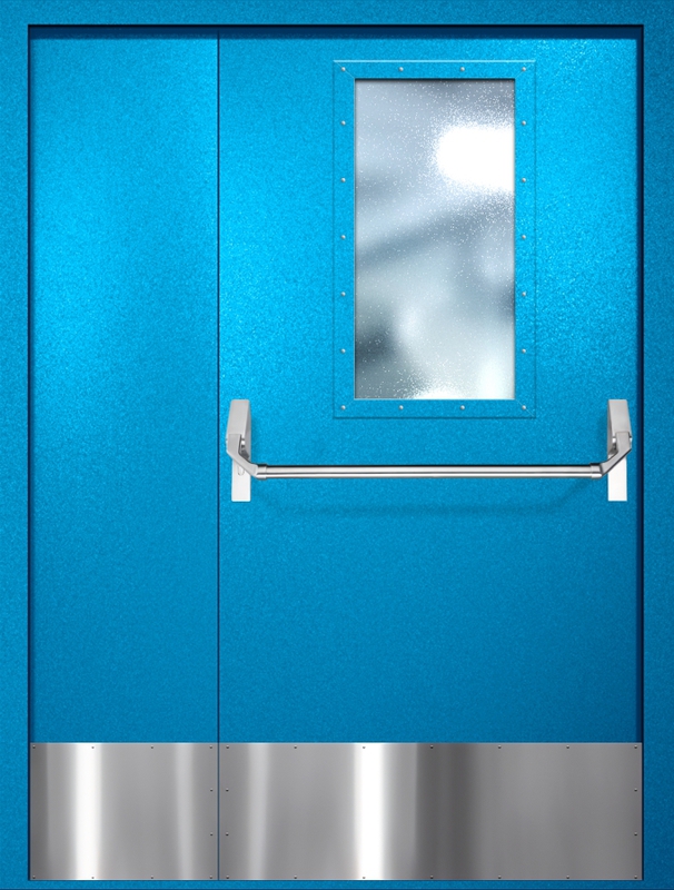 Полуторная противопожарная дверь EI-60 с широким стеклопакетом, отбойником и ручкой «Антипаника», окрас по RAL 5002 Полуторная противопожарная дверь EI-60 с широким стеклопакетом, отбойником и ручкой «Антипаника», окрас по RAL 5002