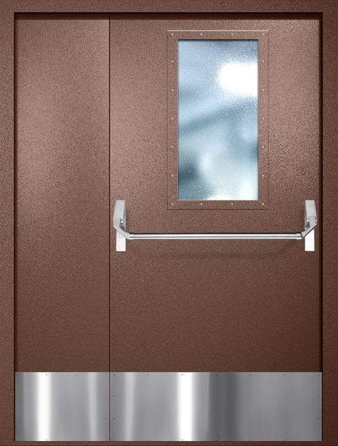 Полуторная противопожарная дверь EI-60 с широким стеклопакетом, отбойником и ручкой «Антипаника», окрас по RAL 8016