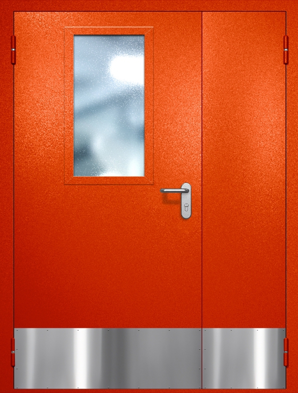 Полуторная противопожарная дверь EI-60 с широким стеклопакетом и отбойником, окрас по RAL 3003 Полуторная противопожарная дверь EI-60 с широким стеклопакетом и отбойником, окрас по RAL 3003