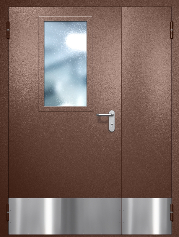 Полуторная противопожарная дверь EI-60 с широким стеклопакетом и отбойником, окрас по RAL 8016