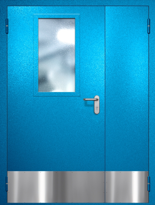 Полуторная противопожарная дверь EI-60 с широким стеклопакетом и отбойником, окрас по RAL 5002 Полуторная противопожарная дверь EI-60 с широким стеклопакетом и отбойником, окрас по RAL 5002