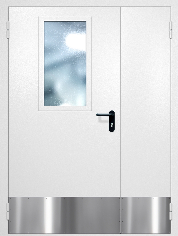 Полуторная противопожарная дверь EI-60 с широким стеклопакетом, отбойником и ручкой «Антипаника», окрас по RAL 9003