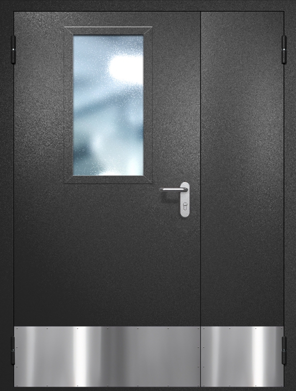 Полуторная противопожарная дверь EI-60 с широким стеклопакетом, отбойником и ручкой «Антипаника», окрас по RAL 9004