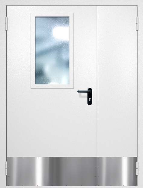 Полуторная противопожарная дверь EI-60 с широким стеклопакетом и отбойником, окрас по RAL 9003