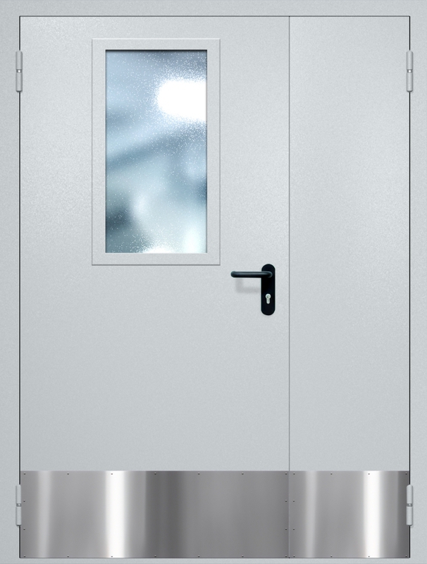 Полуторная противопожарная дверь EI-60 с широким стеклопакетом, отбойником и ручкой «Антипаника», окрас по RAL Полуторная противопожарная дверь EI-60 с широким стеклопакетом, отбойником и ручкой «Антипаника», окрас по RAL