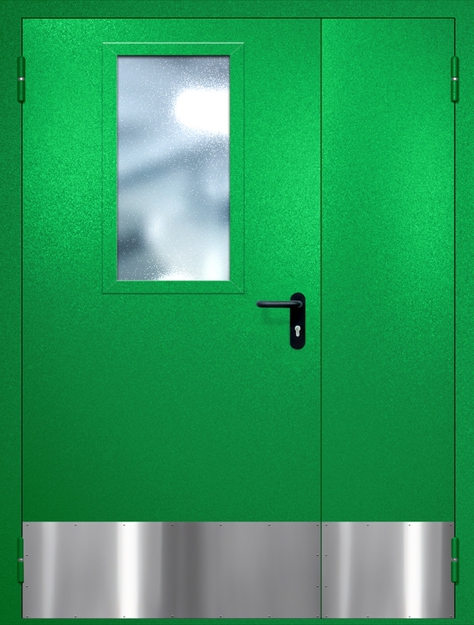 Полуторная противопожарная дверь EI-60 с широким стеклопакетом и отбойником, окрас по RAL 6037