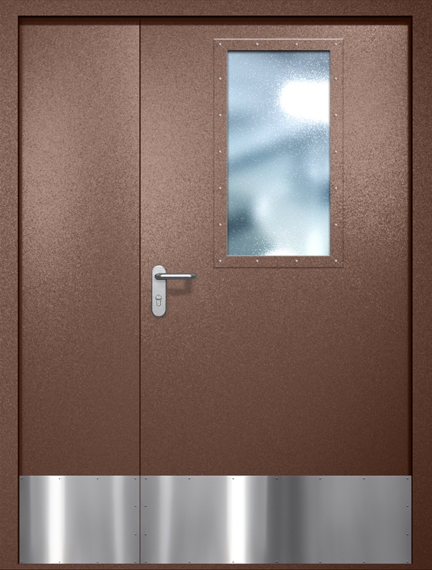 Полуторная противопожарная дверь EI-60 с широким стеклопакетом и отбойником, окрас по RAL 8016
