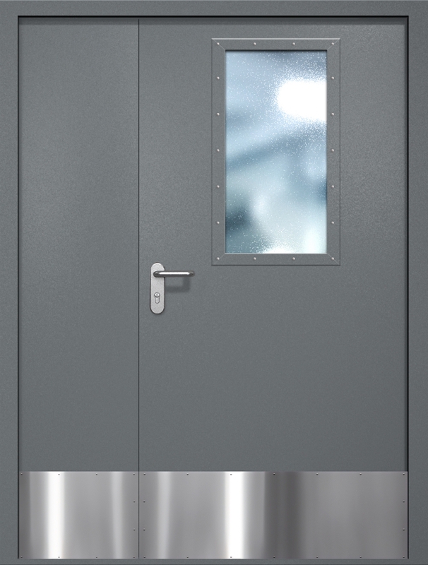 Полуторная противопожарная дверь EI-60 с широким стеклопакетом и отбойником, окрас по RAL 7001