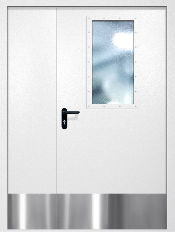 Полуторная противопожарная дверь EI-60 с широким стеклопакетом и отбойником, окрас по RAL 9003