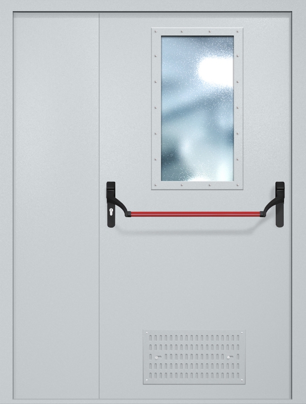 Полуторная противопожарная дверь EI-60 с вентиляцией, широким стеклопакетом и ручкой «Антипаника», окрас по RAL