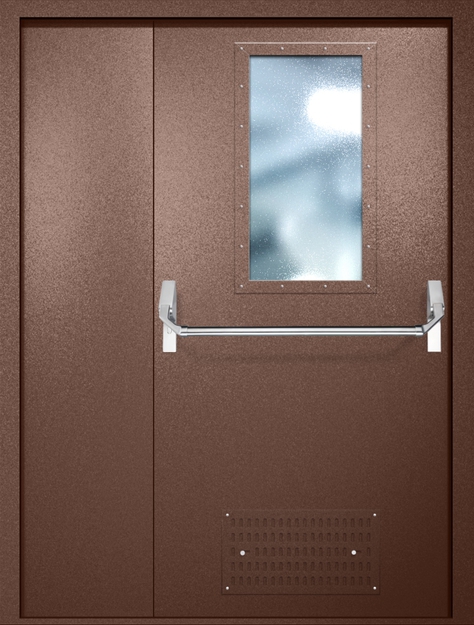 Полуторная противопожарная дверь EI-60 с вентиляцией, широким стеклопакетом и ручкой «Антипаника», окрас по RAL 8016