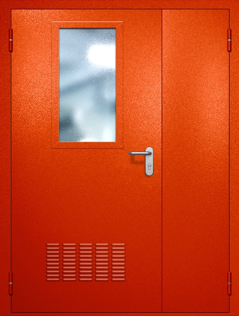 Полуторная противопожарная дверь EI-60 с вентиляцией и широким стеклопакетом, окрас по RAL 3003 Полуторная противопожарная дверь EI-60 с вентиляцией и широким стеклопакетом, окрас по RAL 3003