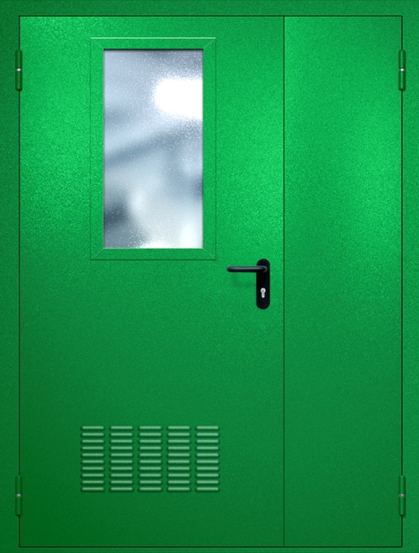 Полуторная противопожарная дверь EI-60 с вентиляцией и широким стеклопакетом, окрас по RAL 6037 Полуторная противопожарная дверь EI-60 с вентиляцией и широким стеклопакетом, окрас по RAL 6037