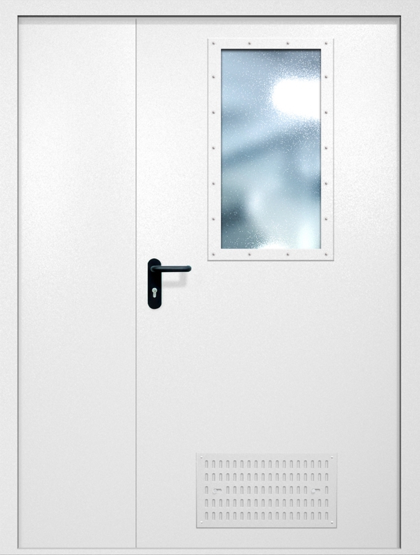Полуторная противопожарная дверь EI-60 с вентиляцией и широким стеклопакетом, окрас по RAL 9003 Полуторная противопожарная дверь EI-60 с вентиляцией и широким стеклопакетом, окрас по RAL 9003