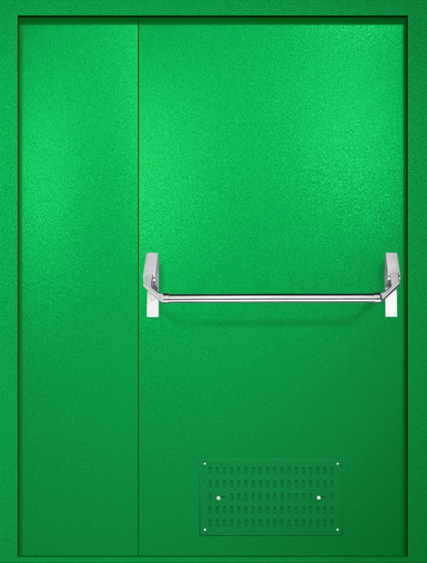 Полуторная противопожарная дверь EI-60 с вентиляцией и ручкой «Антипаника», окрас по RAL 6037 Полуторная противопожарная дверь EI-60 с вентиляцией и ручкой «Антипаника», окрас по RAL 6037