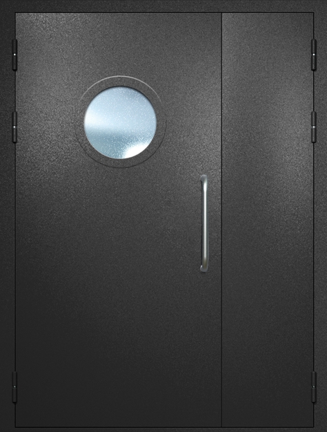 Полуторная техническая дверь с ручкой-скобой и круглым стеклопакетом, окрас по RAL 9004