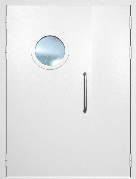 Полуторная техническая дверь с ручкой-скобой и круглым стеклопакетом, окрас по RAL 9003