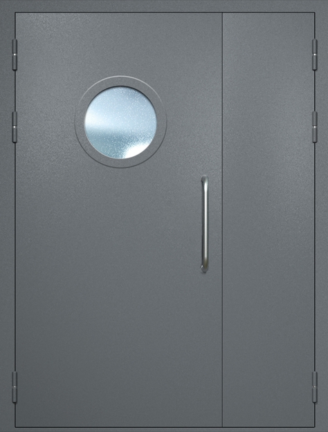Полуторная техническая дверь с ручкой-скобой и круглым стеклопакетом, окрас по RAL 7001