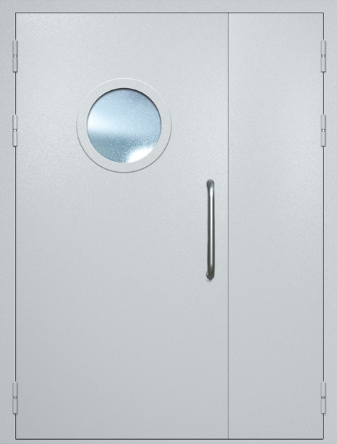 Полуторная техническая дверь с ручкой-скобой и круглым стеклопакетом, окрас по RAL