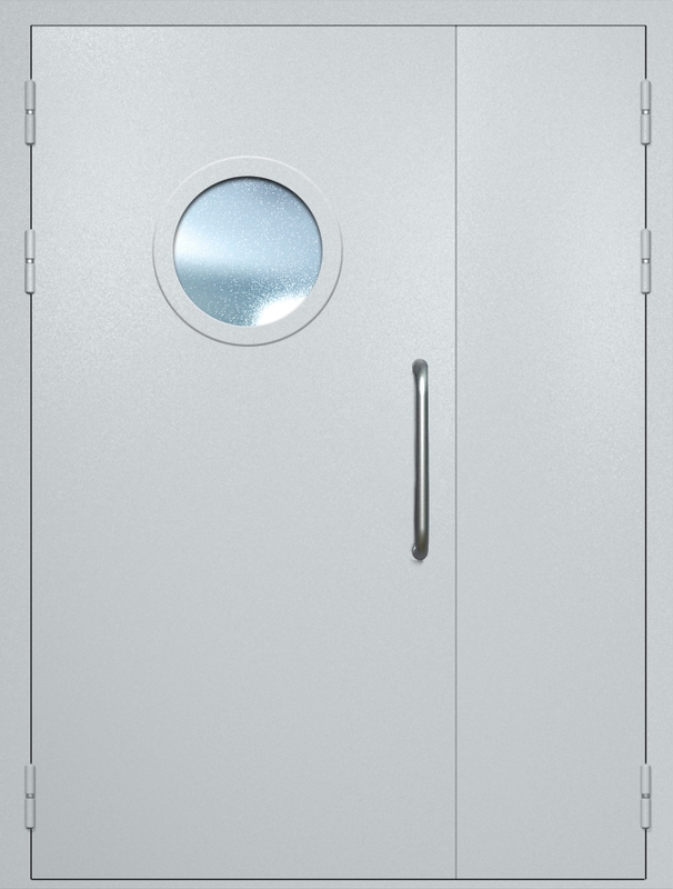 Полуторная техническая дверь с ручкой-скобой и круглым стеклопакетом, окрас по RAL