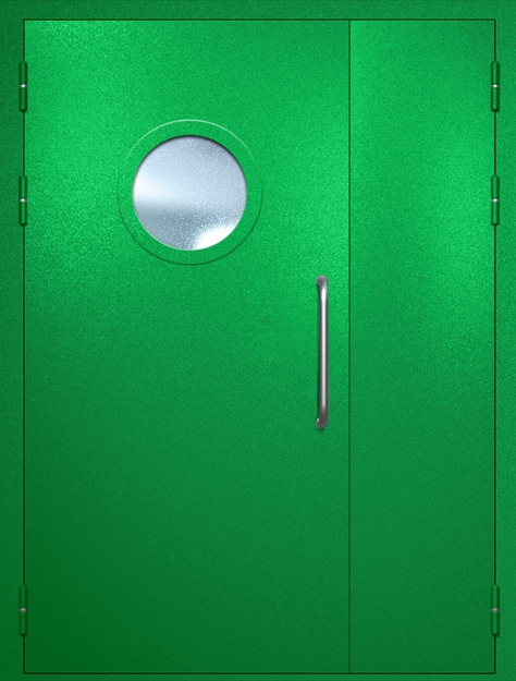 Полуторная техническая дверь с ручкой-скобой и круглым стеклопакетом, окрас по RAL 6037