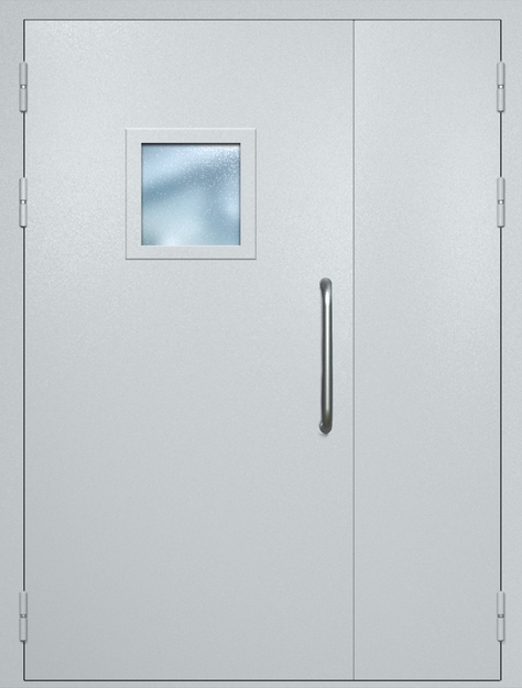 Полуторная техническая дверь с ручкой-скобой и квадратным стеклопакетом, окрас по RAL