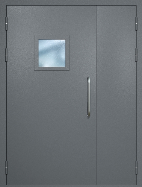 Полуторная техническая дверь с ручкой-скобой и квадратным стеклопакетом, окрас по RAL 7001