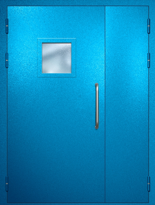 Полуторная техническая дверь с ручкой-скобой и квадратным стеклопакетом, окрас по RAL 5002