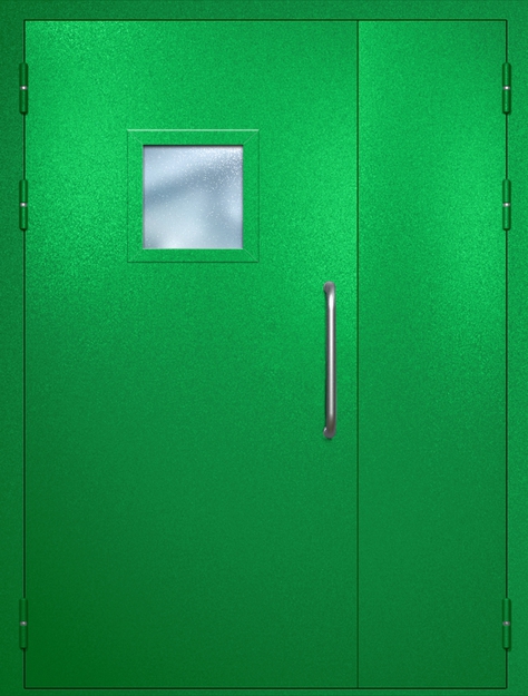 Полуторная техническая дверь с ручкой-скобой и квадратным стеклопакетом, окрас по RAL 6037