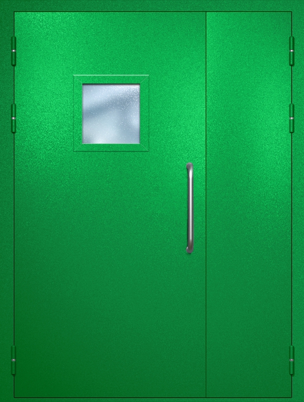 Полуторная техническая дверь с ручкой-скобой и квадратным стеклопакетом, окрас по RAL 6037