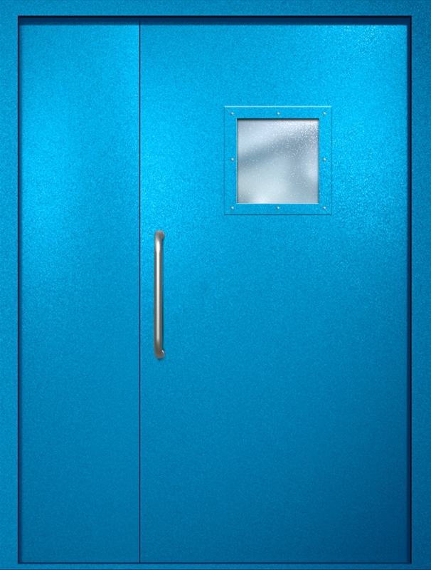 Полуторная техническая дверь с ручкой-скобой и квадратным стеклопакетом, окрас по RAL 5002