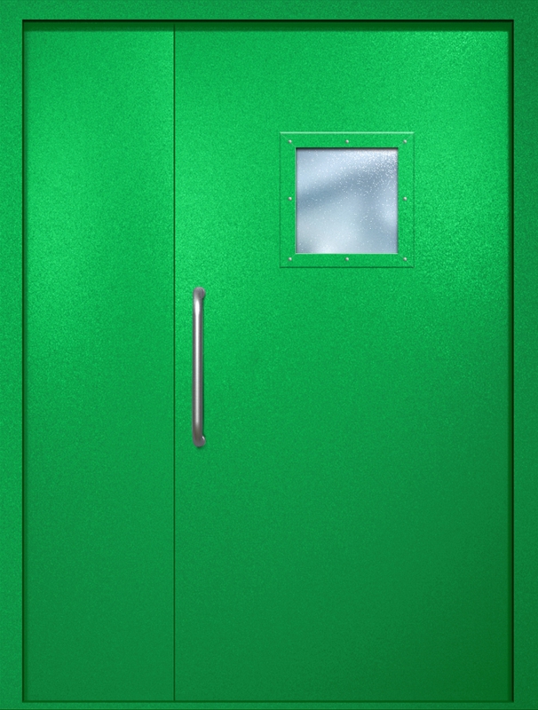 Полуторная техническая дверь с ручкой-скобой и квадратным стеклопакетом, окрас по RAL 6037