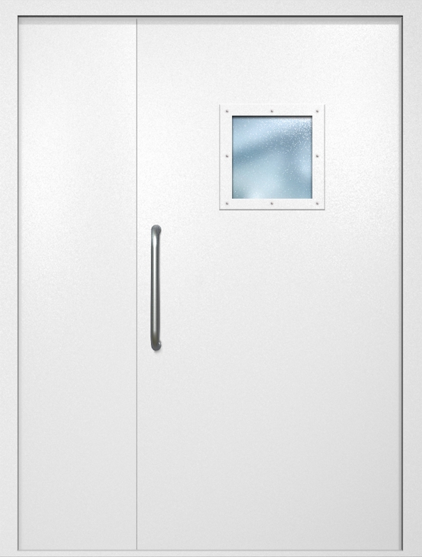 Полуторная техническая дверь с ручкой-скобой и квадратным стеклопакетом, окрас по RAL 9003