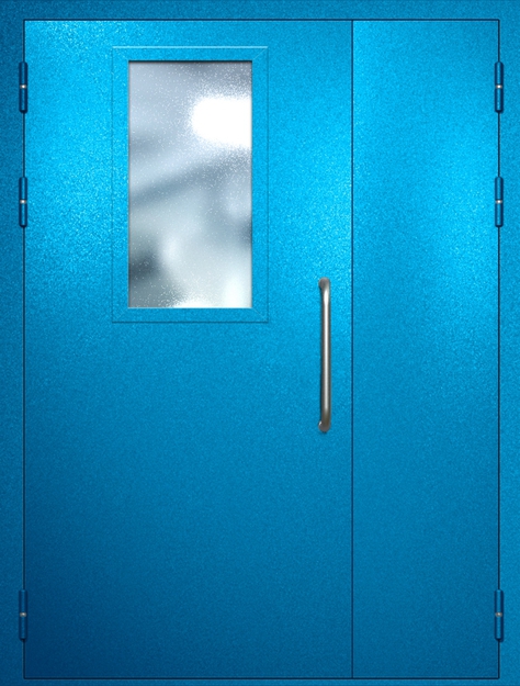 Полуторная техническая дверь с ручкой-скобой и широким стеклопакетом, окрас по RAL 5002