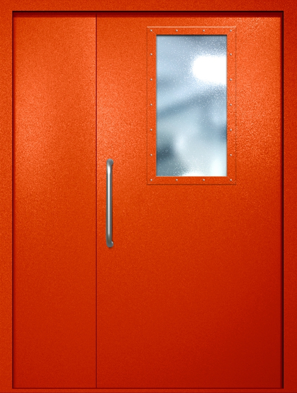 Полуторная техническая дверь с ручкой-скобой и широким стеклопакетом, окрас по RAL 3003
